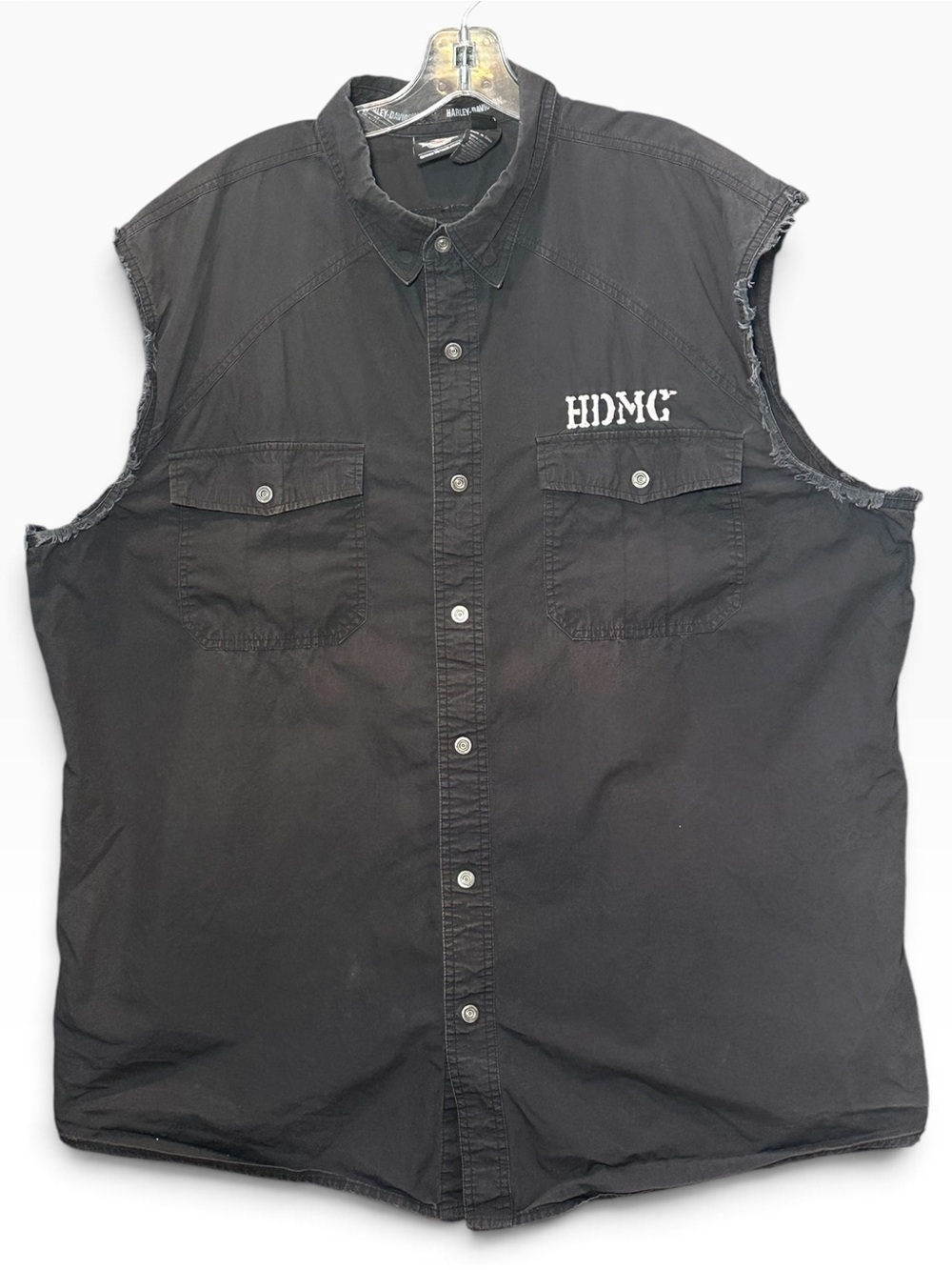 Harley Davidson 2XL Biker Motorcycle Black Denim Vest Skull American Flag HDMC